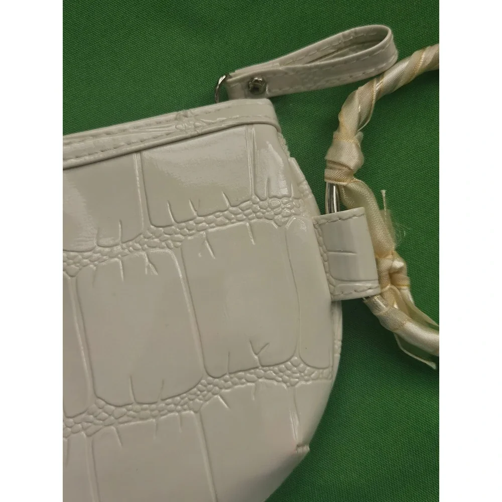Ivory White Lace Ruffle Croc Embossed Wristlet Hoop Handle Evening Clutch Bag